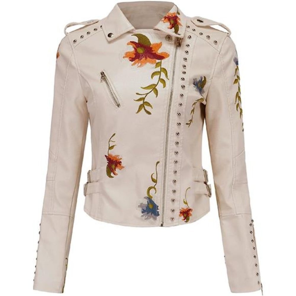 Off White Floral Embroidered Studded Faux Leather Jacket Moto Bomber Jacket Coat - Picture 3 of 6